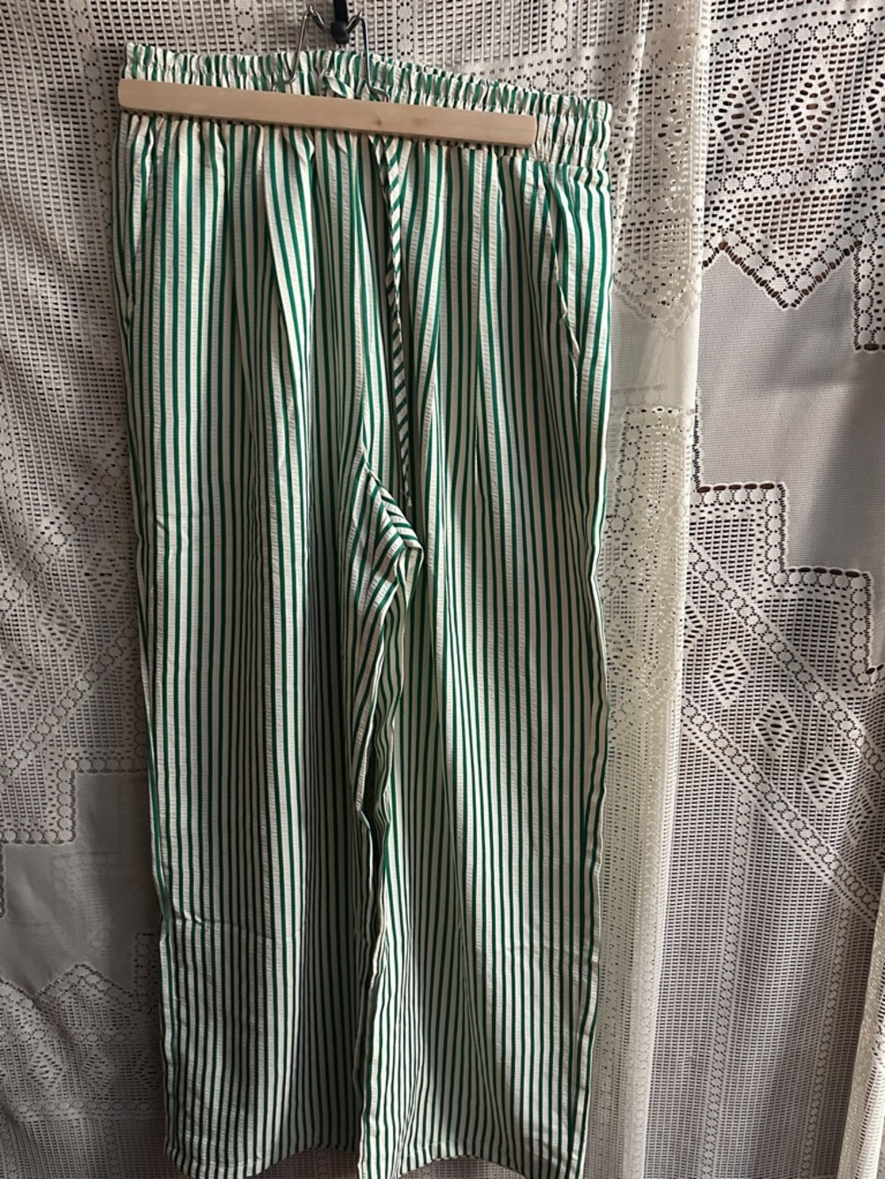 Striped Green and White Wide-Leg Pants with Elastic Waist